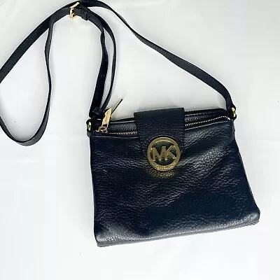 Michael Kors Fulton Black Pebbled Leather Crossbody Bag Built-in Wallet • $64.99