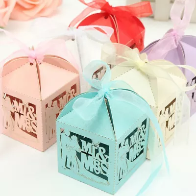 Luxury Wedding Mr & Mrs Favor Boxes Love Heart Sweet Candy Boxes Laser • £1.69