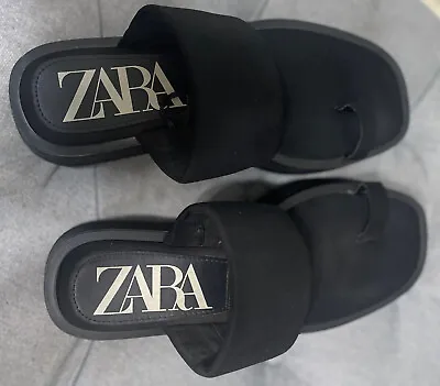 $10 • Buy Women Zara Square Toe Platform Slip On Sandals Black Shoes Size 6.5
