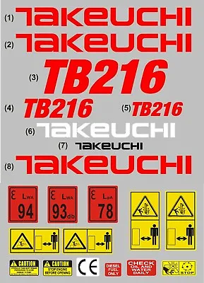 Decal Sticker Set For: Takeuchi TB216  Mini Digger Pelle Bagger Excavator • £35.99