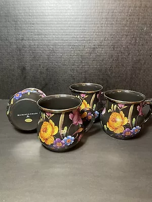 Mackenzie Childs Enamel Flower Market Mug Black 16 Oz. Lot Of 4 Coffee Cup • $100