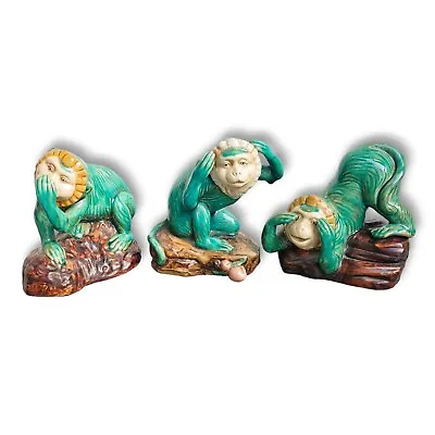 Vintage Majolica 3 Wise Monkeys Glazed Ceramic See Hear Speak No Evil Set • $274.99