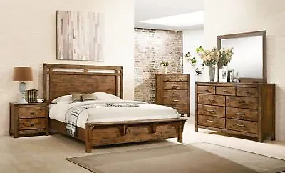 NEW Brown Queen King 5PC Rustic Bedroom Set Solid Wood Furniture Bed/D/M/N/C • $1829.99