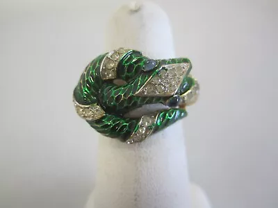 VINTAGE CROWN TRIFARI SNAKE GOLD TONE RING With GREEN ENAMEL RHINESTONES • $125