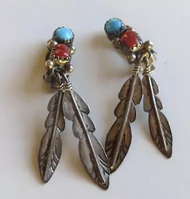 Vintage Southwest Navajo Sterling Silver Coral Turquoise Feather Clip On Earring • $19.99