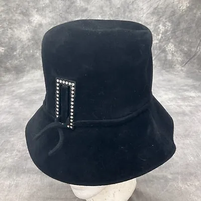 Vintage Halle Bros Co Bucket Hat Black Rhinestone Buckle Wool Cloche USA 30s 40s • $35.97