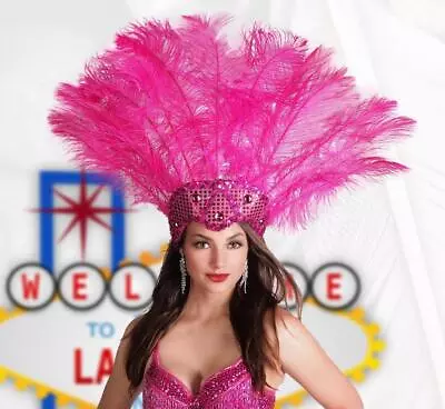 LAS VEGAS SHOWGIRL DANCER MARDI GRAS Women FUCSHIA Feather HEADPIECE HEADWEAR • $79.95