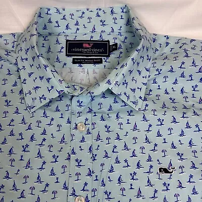 Vineyard Vines Mens XL Slim Fit  Whale Shirt Blue All Over Palm Tree Beach Boat • $19.99