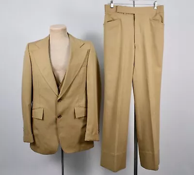 Mens VTG 70s 3 PC Polyester Khaki Leisure Suit Sz M 1970s Disco • $79.99