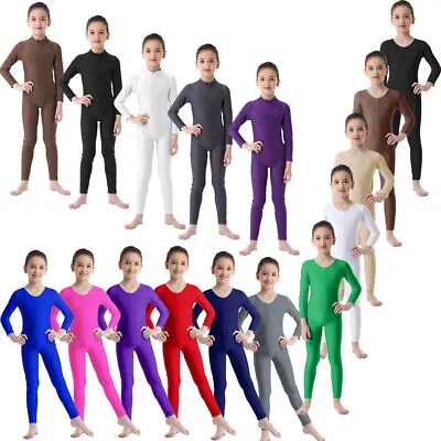 UK Kids Girls Long Sleeve Dance Gymnastics Leotard Catsuit Jumpsuit Sportswear • £11.18