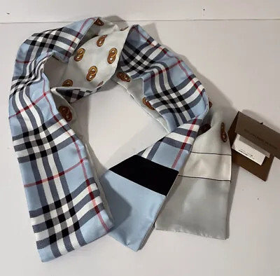 Burberry NWT And Box Vintage Check Silk Ribbon Skinny Scarf Pale Blue Reversible • $198