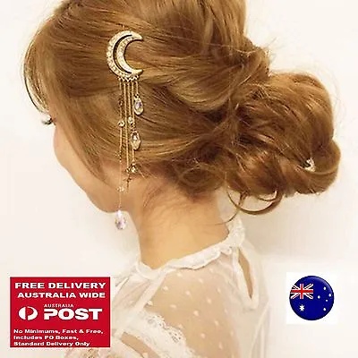 £6.11 • Buy Women BOHO Crystal Moon Celestial Tassel Hair Head Tassel Chain Clip Brooch Cuff