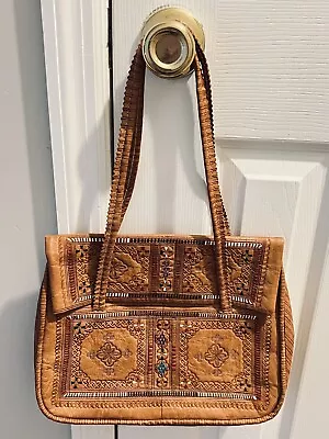 Vintage Hand-Tooled Embossed Brown Leather Shoulder Bag Moroccan? Detailed • $55