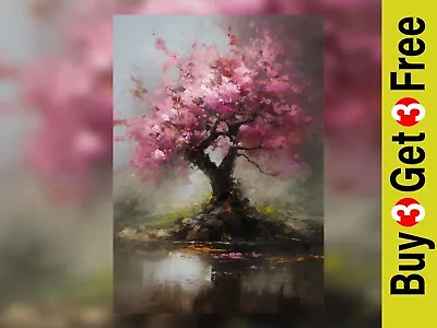 Cherry Blossom Print Oil Painting Riverbank Wall Art Spring Riverside • $6.30