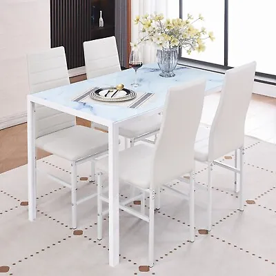 4pcs White Faux Leather Dining Chairs & White Marble Glass Dining Table Set • £142.49