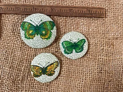 Set Of 3 Handmade Fabric Buttons VTG Butterfly Print 1 1/2  To 2  • $7.50