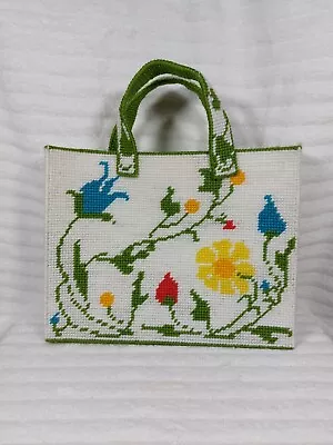 70's Needlepoint Embroidered Floral Tote Spring Flower Stitch Carpet Purse Vtg • $39.99