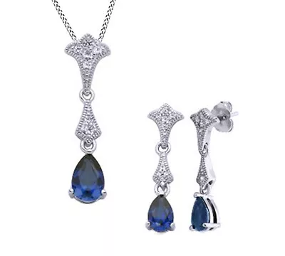 Simulated Blue Sapphire & White Topaz CZ Necklace & Earring Set Sterling Silver • $101.52