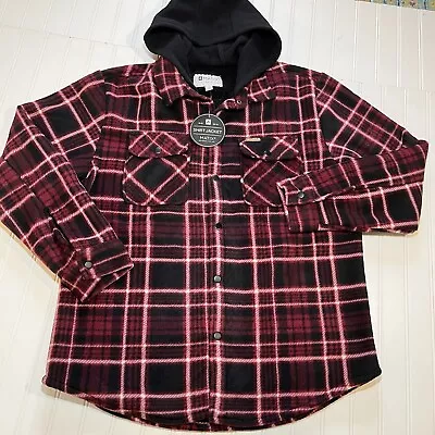 Matix Fleece Shirt Jacket Mens XL Hoodie Red Plaid Pockets Sherpa Shacket • $39