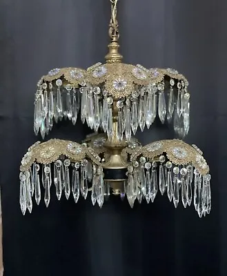 Antique Art Deco Nouveau Palm Frond Crystal Brass Filigree Chandelier Gothic • $1500
