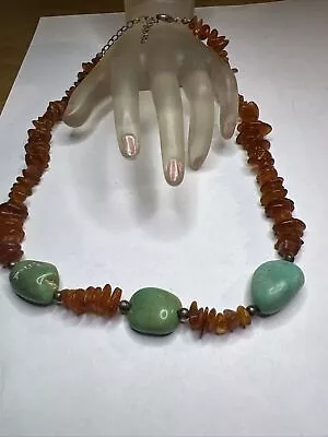 Vintage Genuine  Amber Green  Turquoise Bead Sterling Silver Necklace • $44