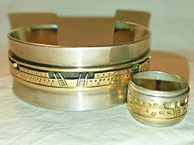 Vtg L M Leonard NEZ STORY Cuff BRACELET + Matching RING Sterling Silver 14K Gold • $699.99