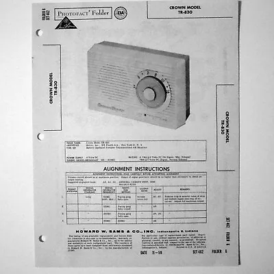 $4.70 • Buy Crown Model TR-830 AM Portable Transistor Radio SAMS Photofact ™ 1959 - New NOS
