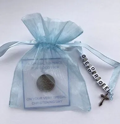 £4.50 • Buy PERSONALISED SIXPENCE - CHRISTENING DAY GIFT - BABY BOY - & Cross Charm