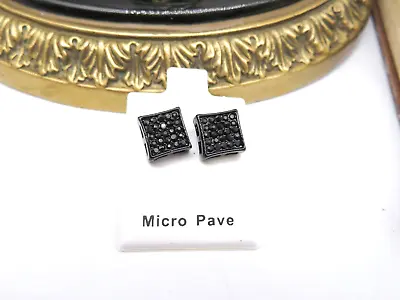 Black Micro Pave Crystal Rhinestone Black Metal Square Stud Earrings G75 • $9.34