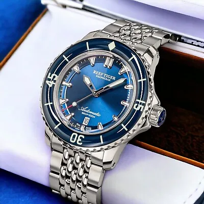 Reef Tiger Aurora Deep Sea Automatic Sport Watch Blue Dial Silver Case • £389.55