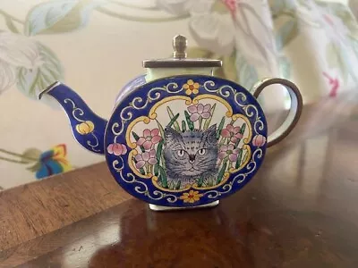 KELVIN CHEN Enamel Miniature Hand Paint Copper Teapot Cat Very RARE • $15.99