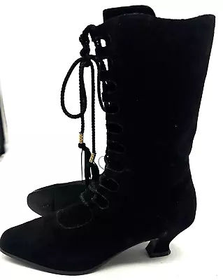 Vintage Victorian Boots Womens 8M Black Suede Studio Roma Lace Up Granny Low • $69.99