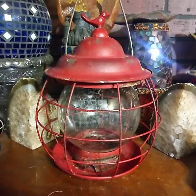 12x10  Vintage/Antique Red Metal Bird Feeder Glass Globe Cage Lantern Style Nice • $35