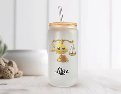 LIBRA Zodiac Sign Frosted Glass Can With Bamboo Lid 16 Oz Glass Cup By Mugzan • $17.99