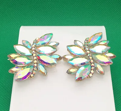 Fashion AB Crystal Leaf Rhinestone Stud Pierced Earrings • $6.99