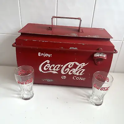 Vintage American Coca Cola Ice Chest Cooler Rare Cool Box + Two Glasses • £149.99