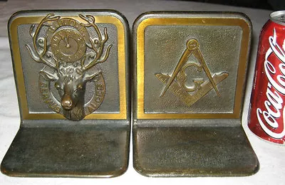 Antique Bronze Bpoe Mason Elks Lodge Masonic Clock Art Deer Antler Hunt Bookends • $895