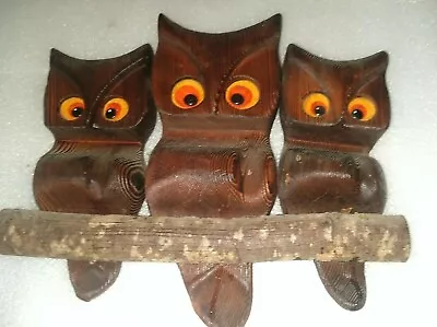 Vintage Owl  Wall Hanging Mid Century Owl Trio On Branch • $34