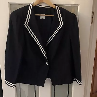 Vintage 80s Sailor Jacket Sz16 Eu46 Navy Blue White Military Shoulder Pads • £16