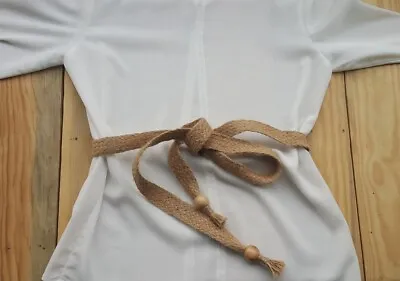 Brown Beaded Woven Jute Rope Tassel Belt - Handmade Natural Braided Weave Mesh • $15