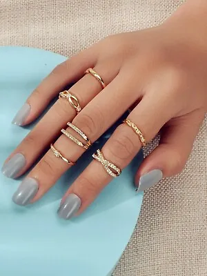 6pcs Band Women Gold Metal With Rhinestone Multiple Midi Finger Knuckle Ring Set • $2.98