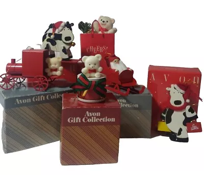 Vintage Christmas Avon Ornaments IOB 3 Teddy Bears 2 Cows 1 Santa Claus • $17.33