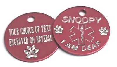 Pet Medical Alert Tag Red 25mm - I Am Deaf - Personalised On Reverse • £3.95