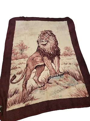 Vintage San Marcos Blanket Brown Lion Print Reversible Mexican Cobija 83x63 Inch • $124.99