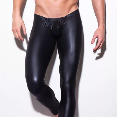 Sexy Men Faux Leather Wet Look Tight Pants Leggings Long John Pants Trousers • £11.86