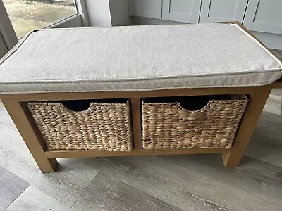 Solid Oak Shoe Bench Storage Baskets And Cushioned Seat Hallway Unit Storage • £50