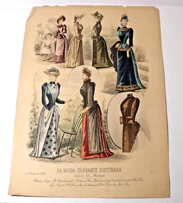 1890 Antique French Hand Colored LA MODE ELEGANTE ILLUSTRADA Fashion Print • $18