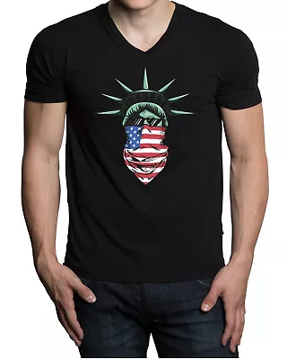 Men's Statue Of Liberty Bandana USA Flag F134 Black V-Neck Tee Shirt America US • $16.99