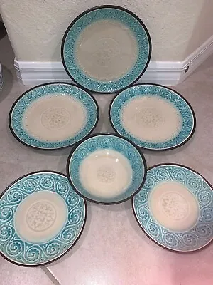 Roscher Moroccan Medallion Turquoise Crackle Glaze Dinner Salad Plate And Bowl • $20