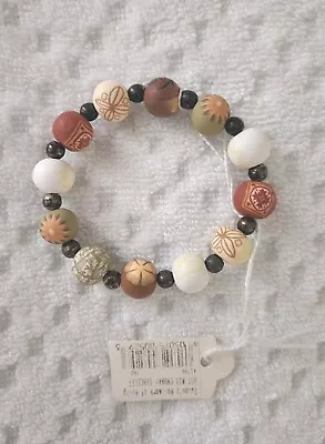 Viva Beads Chunky Bracelet Wooden Beads W Etched Design Earth Tones Vintage  • $11.99